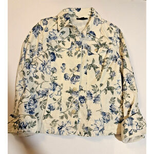 Charter Club Floral Denim Jacket Small NWT Blue White Button Front Women